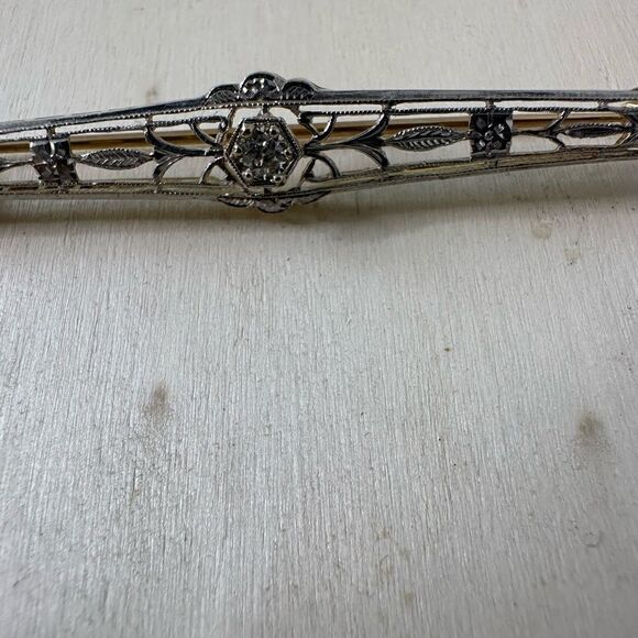 Antique Art Deco 14k Gold With Diamond Bar Brooch - Picture 8 of 9